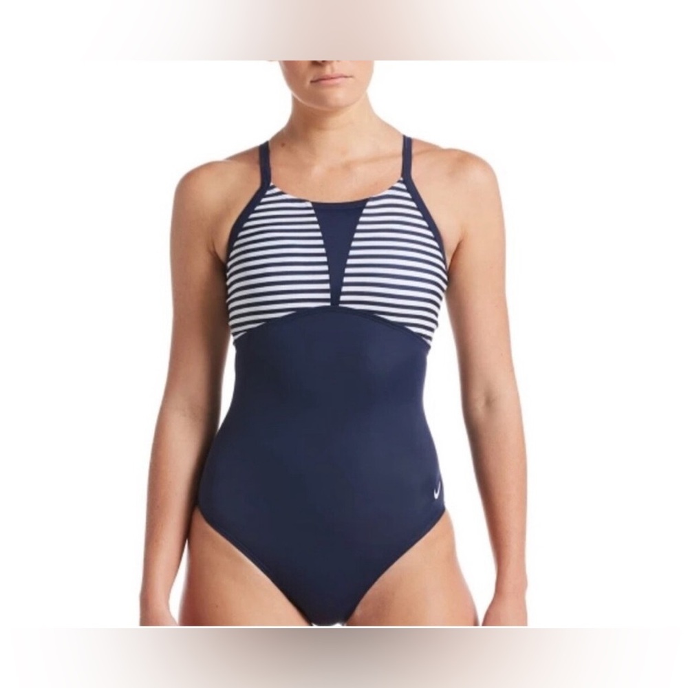 Nike Navy and White Striped One-Piece Swimsuit